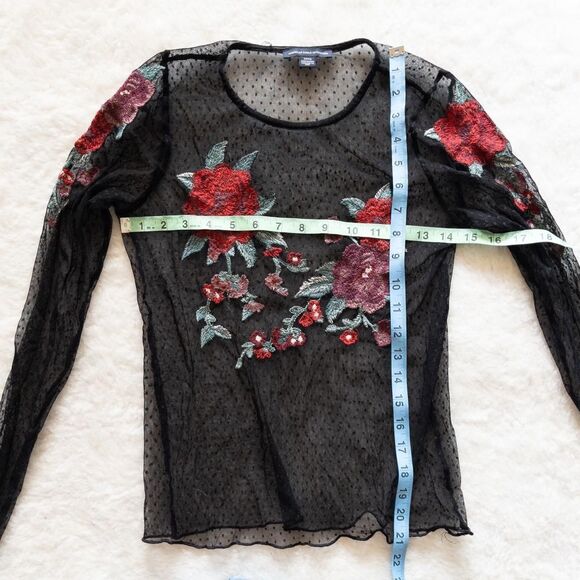 Black mesh long sleeve top with red rose embroidery from American Eagle. Size s - Picture 6 of 7